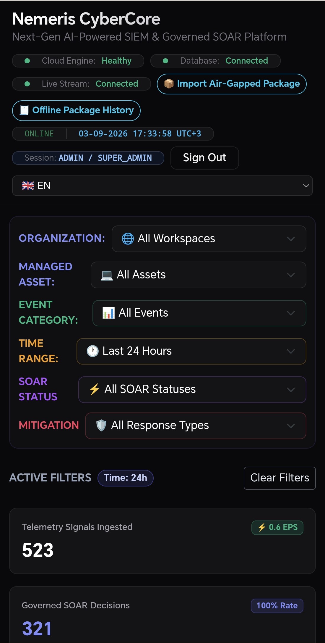Nemeris CyberCore mobile dashboard