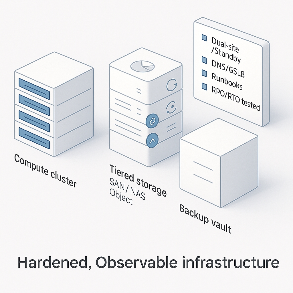 Infrastructure expertise — compute clusters, enterprise storage, backup & DR, observability