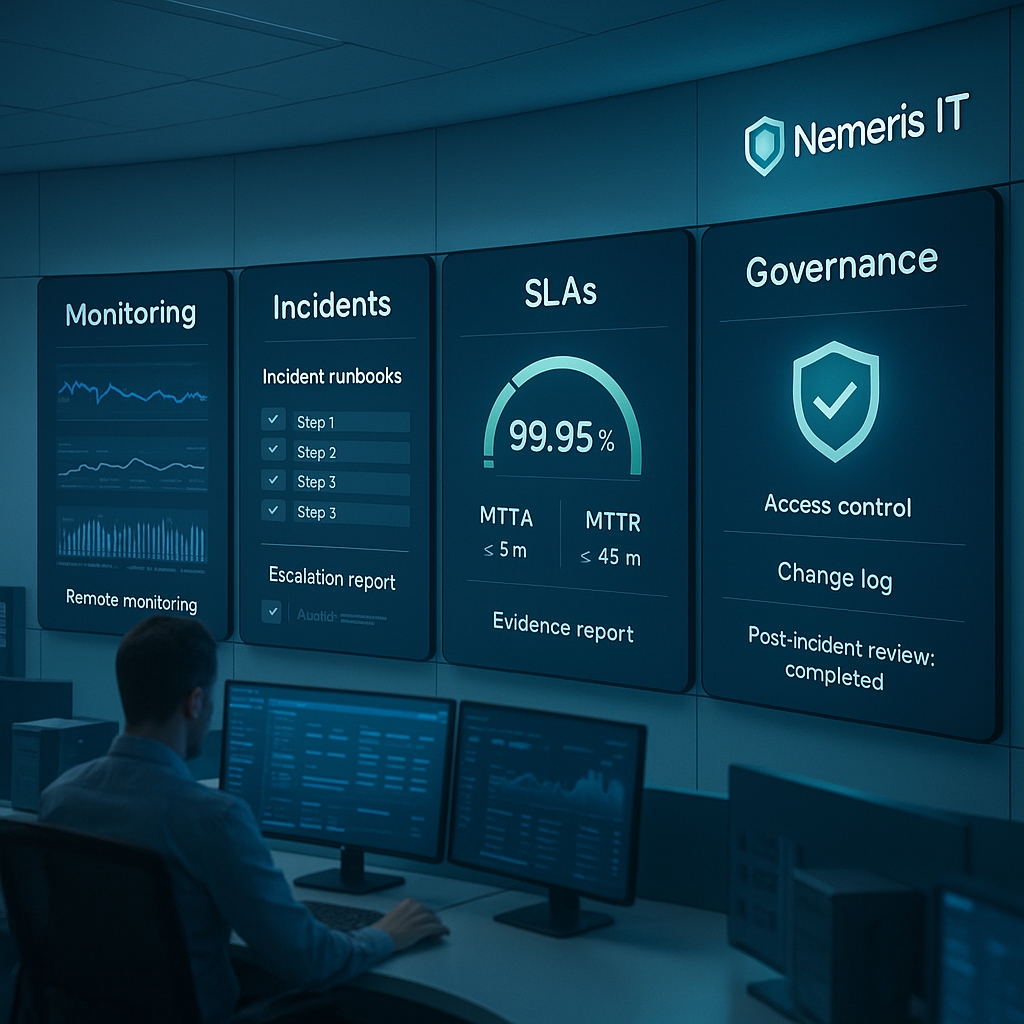 Managed Support operations — monitoring dashboards, runbooks, and SLA reporting